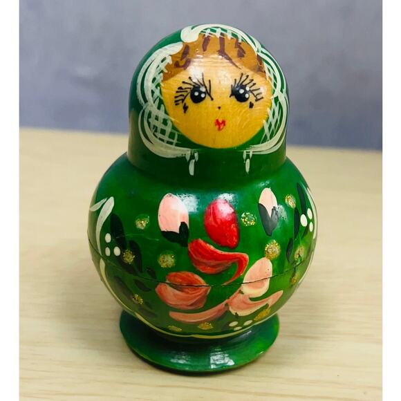 Russian Nesting Matryoshka Dolls 5 Set Hand Painted Green Pink Floral Stacking - Picture 1 of 5